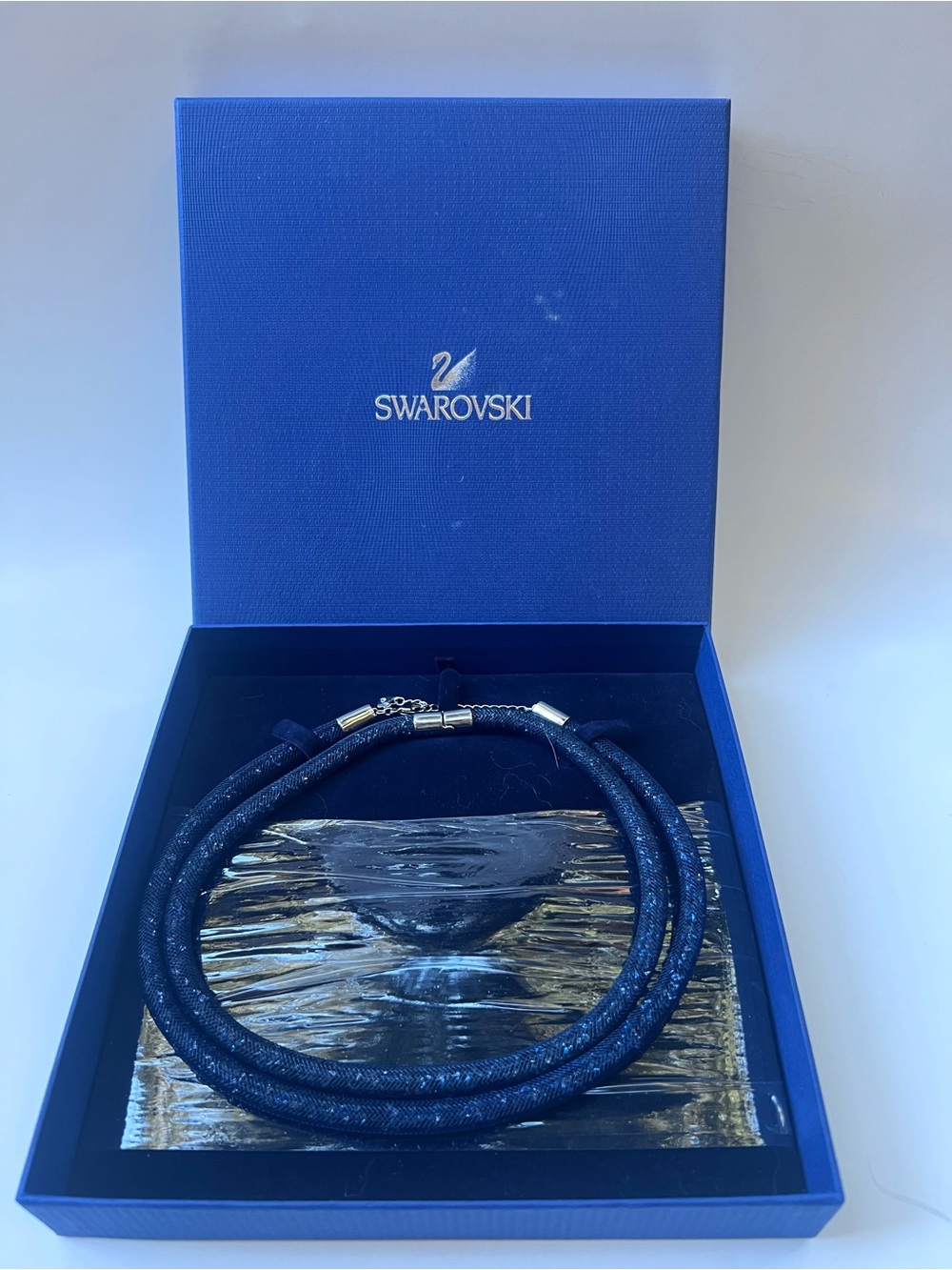 Swarovski Deep Blue Stardust Crystal Mesh Necklace and Double Loop Bracelet